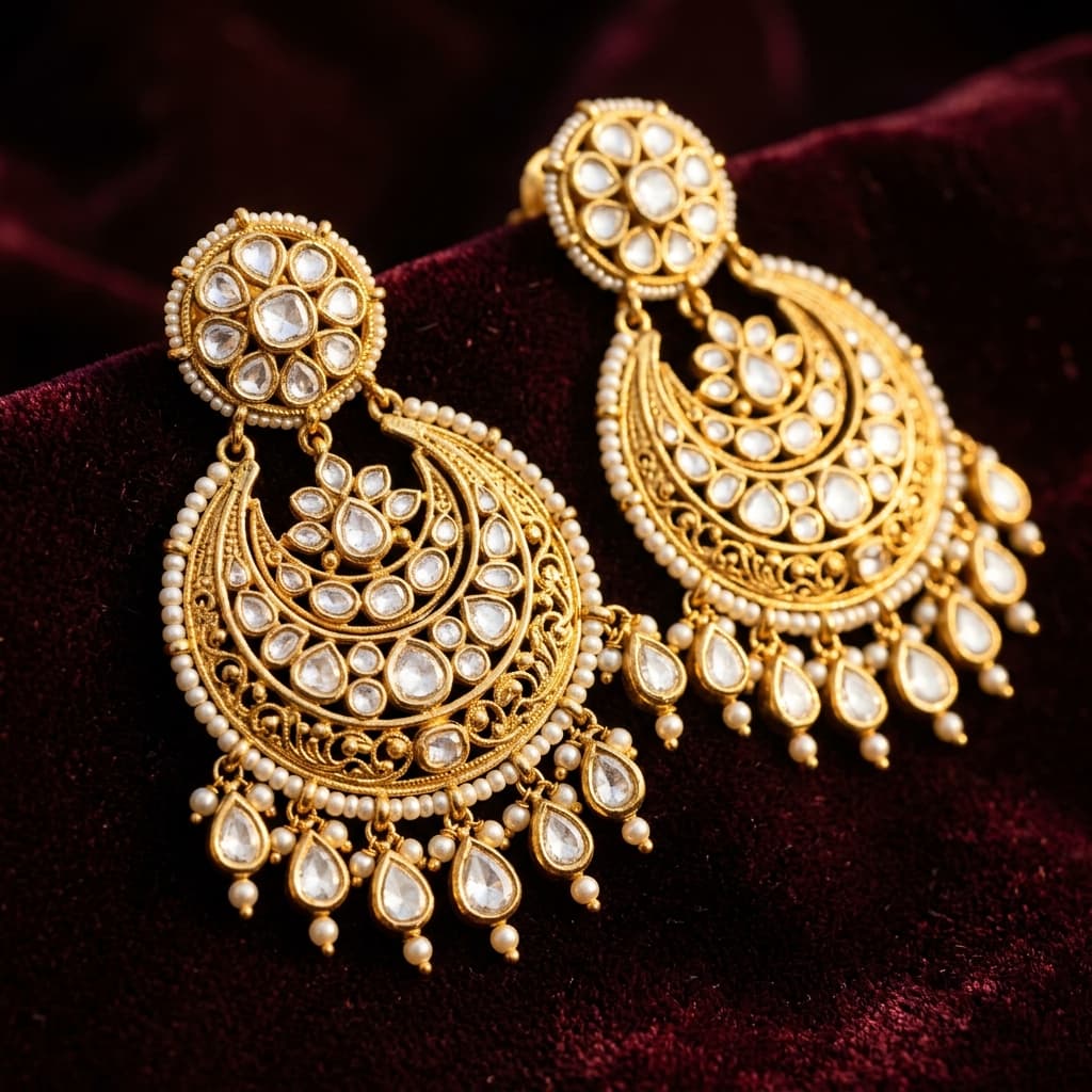 Gold chandbali earrings with polki stones