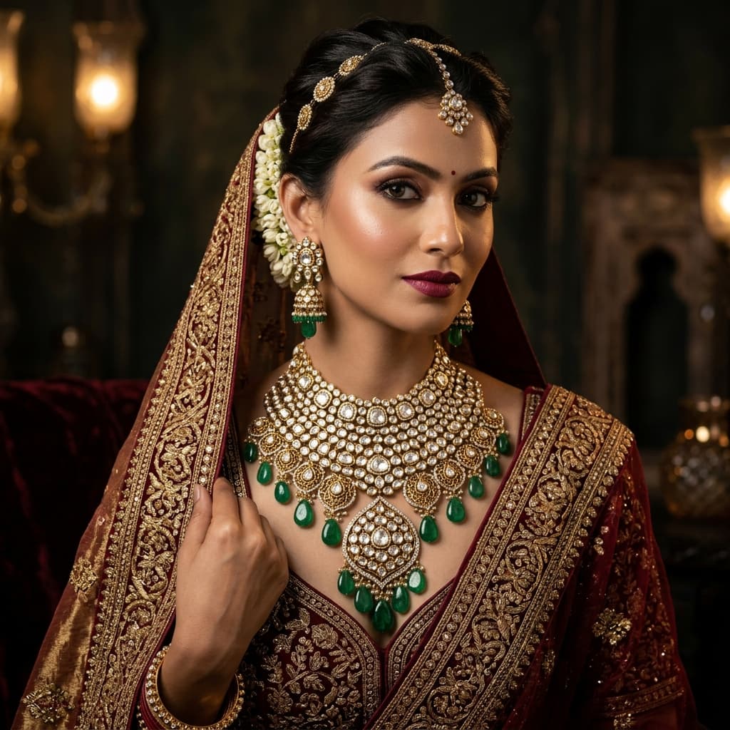 Woman wearing polki diamond necklace — fine bridal jewellery