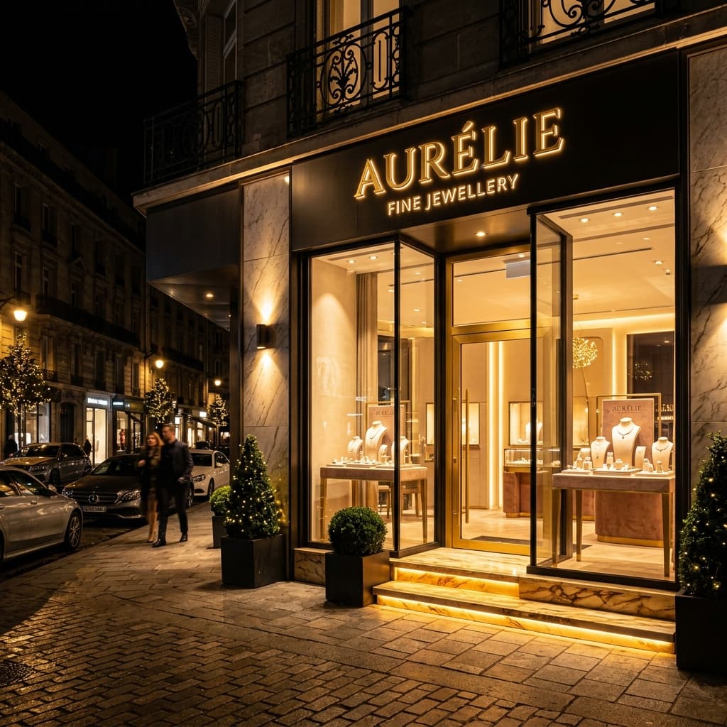 Fine jewellery showroom exterior — illuminated at night